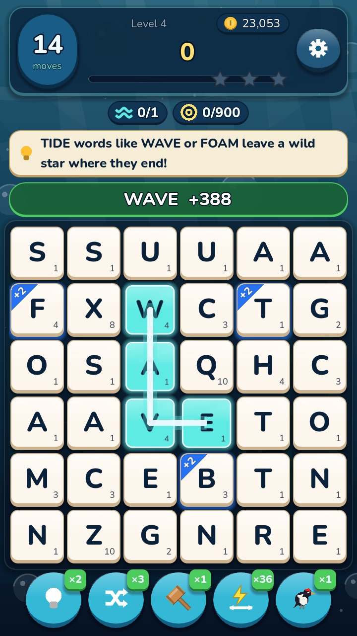 Swiping the word WAVE on the board
